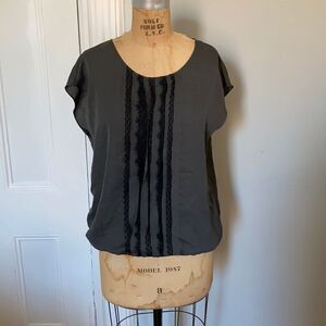 LOFT Grey and Black Lace Bubble Hem Blouse Medium